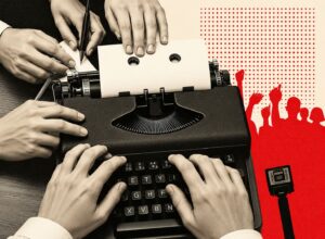 Multiple hands type on a vintage black typewriter, paper fed in, with a red crowd silhouette graphic on the right—suggesting collaboration in writing.