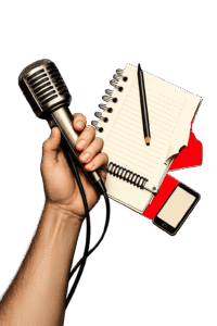 Hand holding a vintage microphone next to a spiral notebook, pencil, red notepad, and a smartphone on a green background, suggesting a podcast setup.
