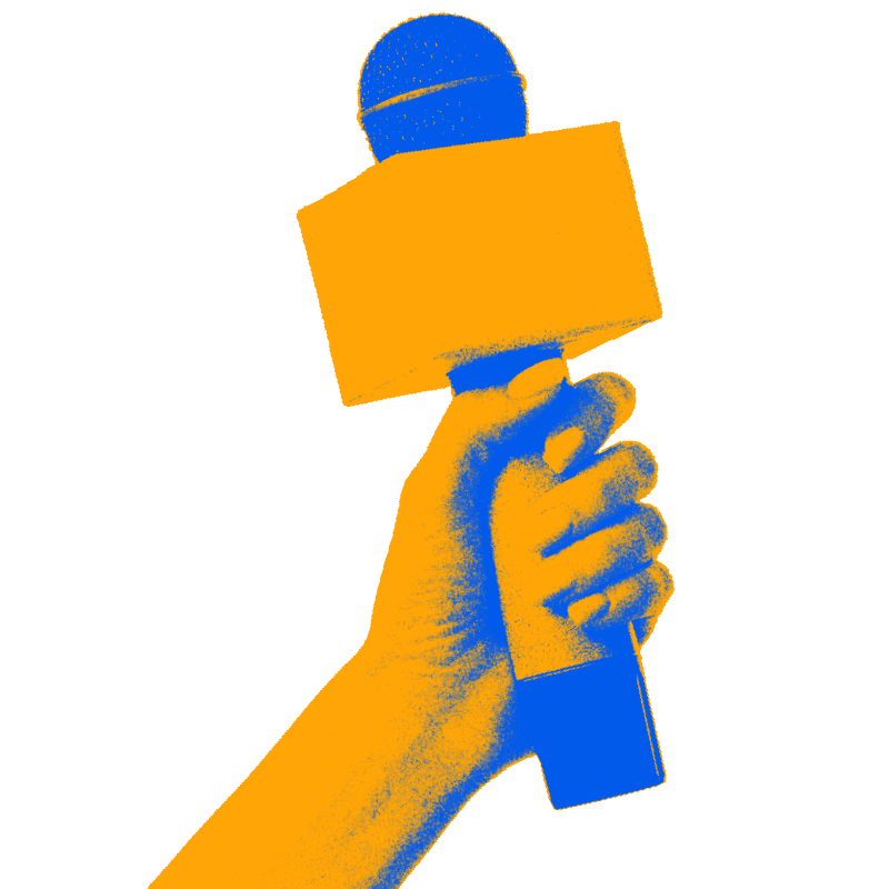 Stylized illustration of a hand gripping a microphone with an orange body and blue head, raised for a speech or performance.