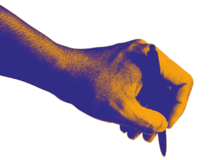 Close-up of a hand gripping a pen, poised to write