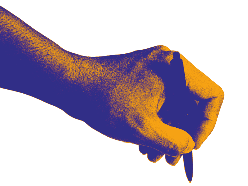 Close-up of a hand gripping a pen, poised to write