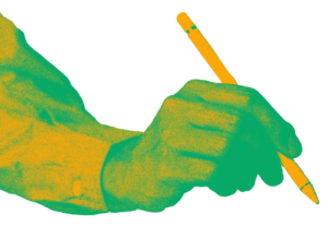 Close-up of a hand gripping a yellow pencil, ready to write.