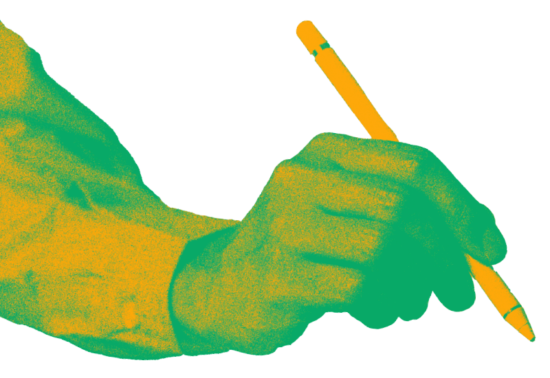 Close-up of a hand gripping a yellow pencil, ready to write.