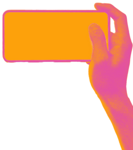 A hand holding a smartphone in landscape orientation, with an orange screen visible gate-to-side.