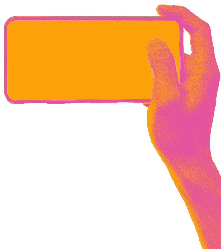 A hand holding a smartphone in landscape orientation, with an orange screen visible gate-to-side.