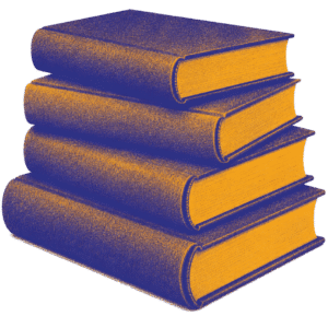 Stack of five hardcover books stacked diagonally, with blue covers and orange-tinted pages