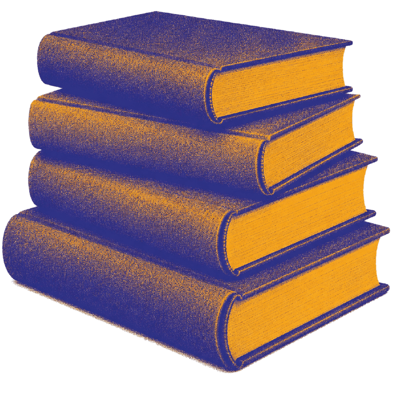 Stack of five hardcover books stacked diagonally, with blue covers and orange-tinted pages