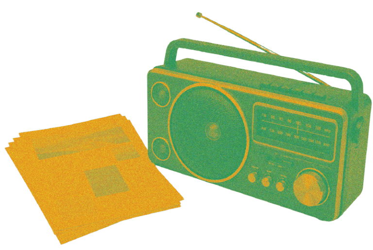 Vintage portable radio with a handle and a stack of yellow vinyl records beside it
