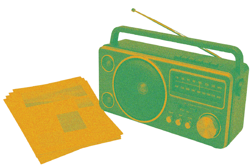 Vintage portable radio with a handle and a stack of yellow vinyl records beside it
