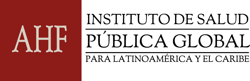 AHF logo with a maroon left panel and the full name 'INSTITUTO DE SALUD PÚBLICA GLOBAL PARA LATINOAMÉRICA Y EL CARIBE' in uppercase on the right.