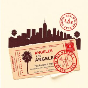 Collage of the Los Angeles skyline with palm trees, plus a torn travel ticket reading 'Los Angeles' and a red circular stamp and airplane motif.